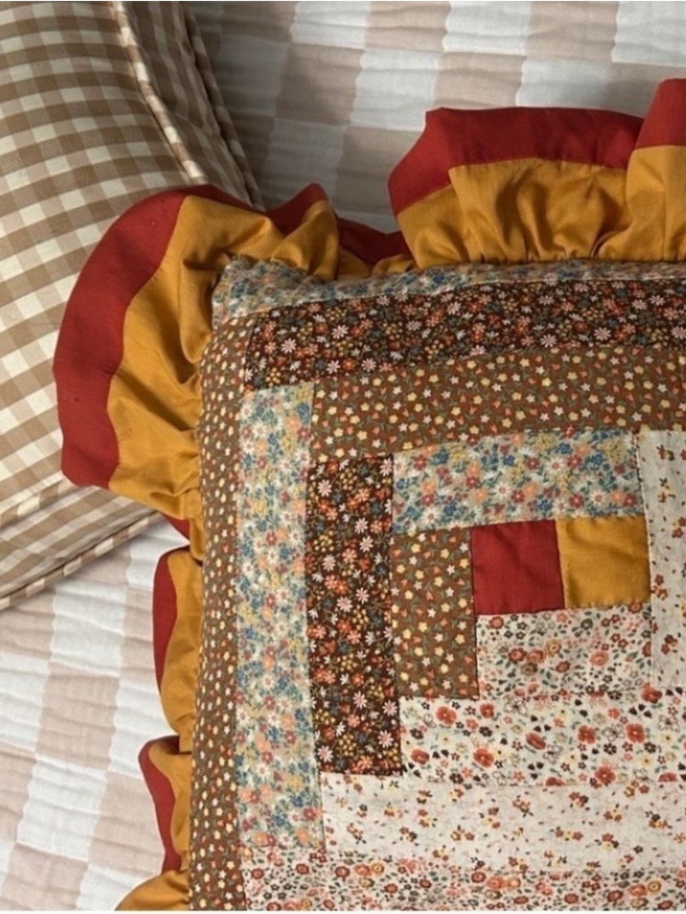 Gingham Beige + White Quilt Throw Size New Prewashed Hand Crafted Medium Check - Picture 11 of 12